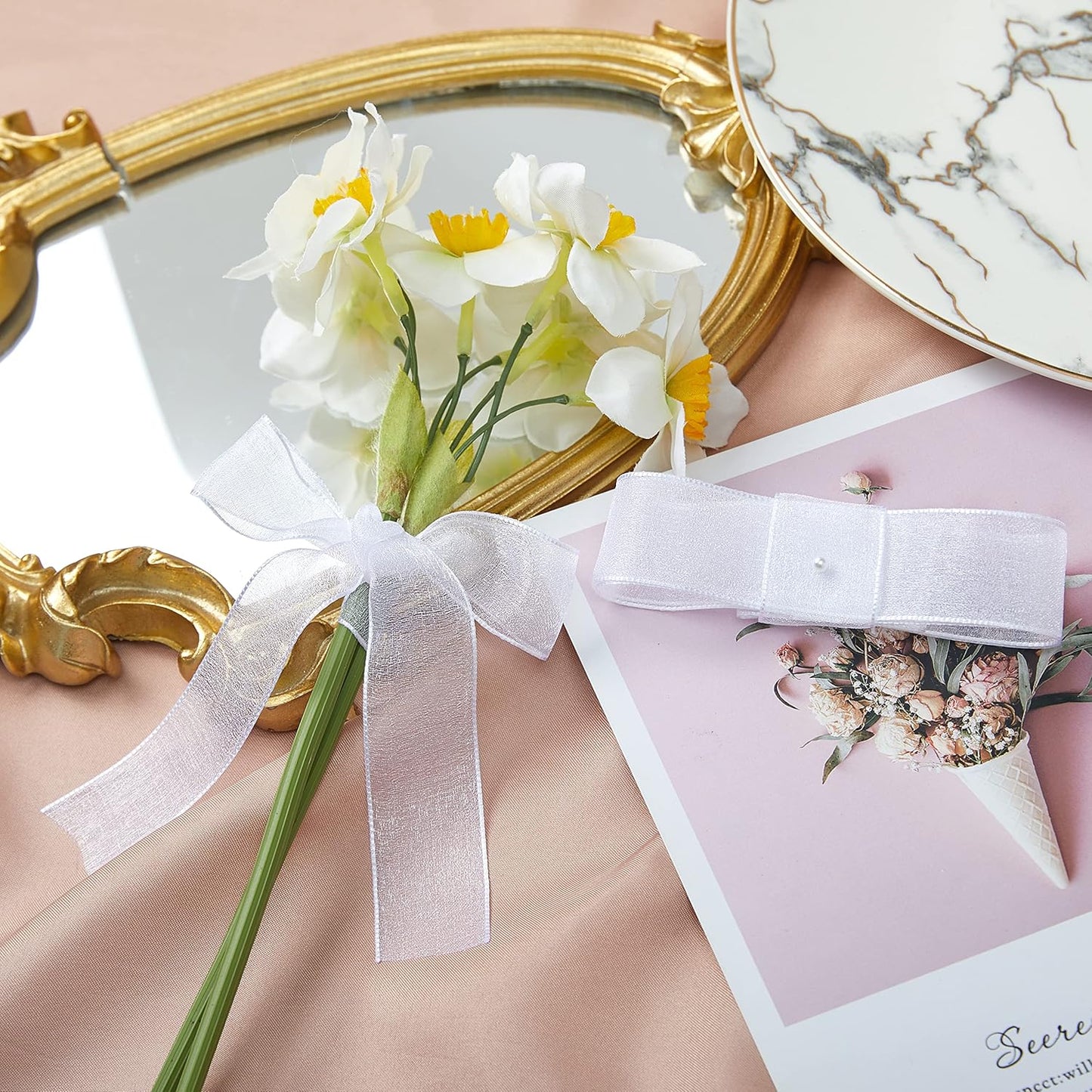 1 Inch Wide Sheer Chiffon Ribbon - Pearl Silk Woven Ribbon Suitable for Gift Wrapping, Wedding Decor, Home Decor, Girl Hair Accessories Handmade DIY (25 Yards/roll) (White)