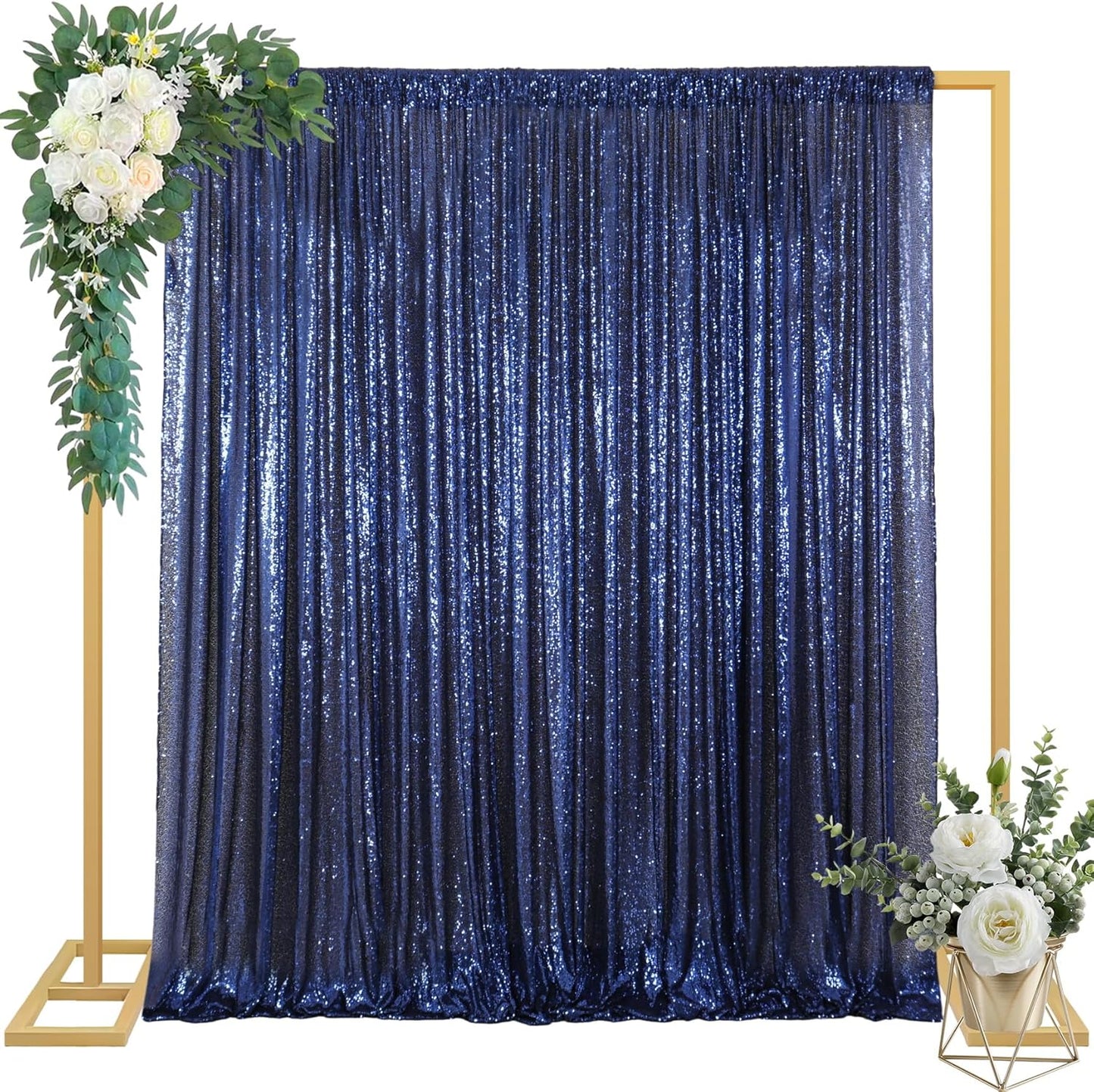 ShinyBeauty 4x10ft Navy Blue Sequin Photo Backdrop – 2 Pack Glitter Curtains for Wedding Photography, Party Decor, Studio Background (High-Reflective Sparkle, Portable & Lightweight)