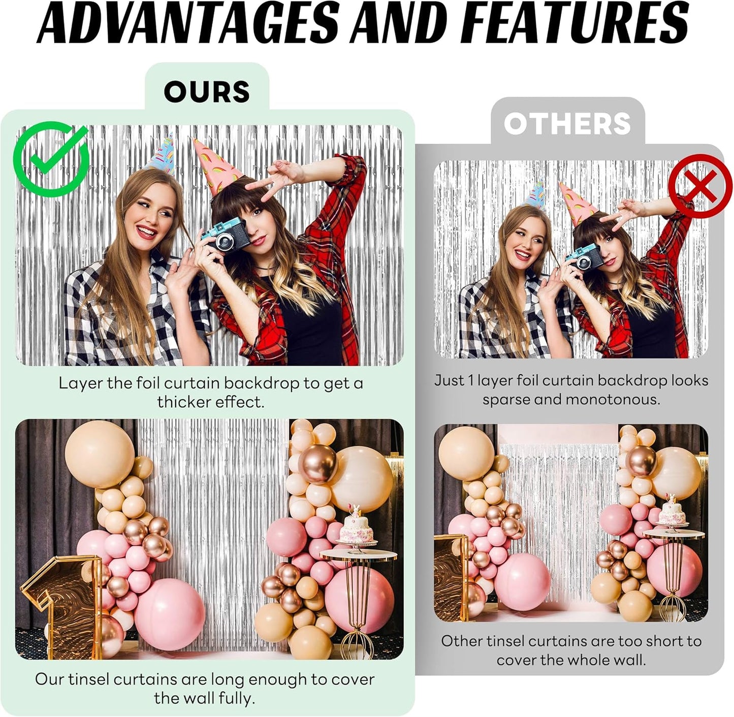 BTSD-home Silver Foil Fringe Curtain, Metallic Photo Booth Backdrop Tinsel Door Curtains for Wedding Birthday Bridal Shower Baby Shower Bachelorette Christmas Party Decorations(4 Pack, 8ft x 3ft)