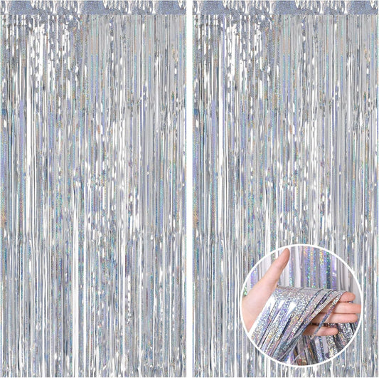 CANREVEL 2 Pack 3.3x8.2 Feet Laser Silver Foil Fringe Backdrop Curtains, Tinsel Streamers Birthday Party Decorations, Fringe Backdrop for Graduation, Baby Shower, Happy New Year, Disco Party