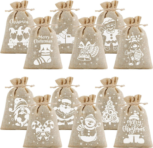 CCINEE 36pcs Christmas Burlap Bags, 4×6 Inch Drawstring Christmas Burlap Goody Gift Candy Bags with Double Jute Drawstrings Xmas Treat Bags for Candy Wrapper Xmas Party Favors