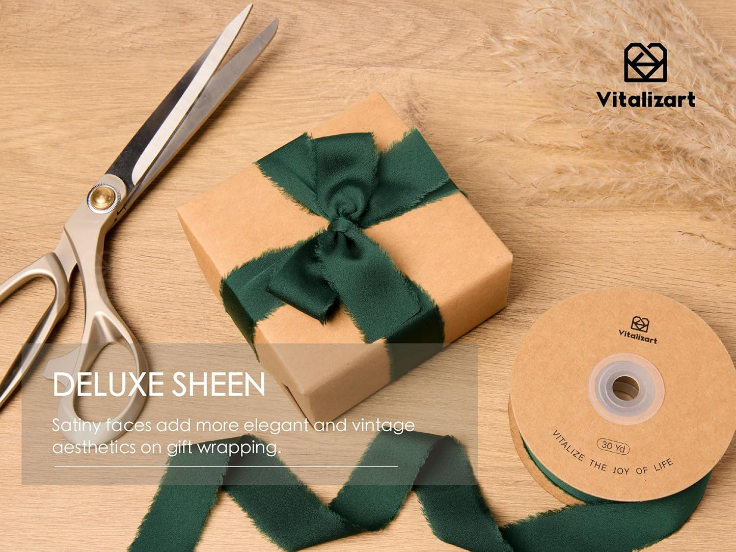 Vitalizart Silk Like Satin Ribbon 1 inch x 30 Yard Dark Green Handmade Frayed Ribbons for Gift Wrapping Baby Shower Wedding Bridal Bouquets Holiday Decor