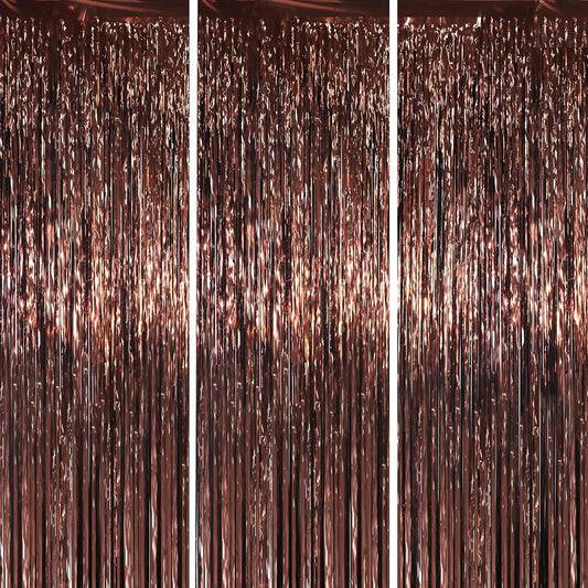 3 Pack 3.3 x 6.6 ft Brown Foil Fringe Backdrop Curtains, Tinsel Streamers Party Decorations, Fringe Backdrop for Birthday, Baby Shower, Gender Reveal, Graduation