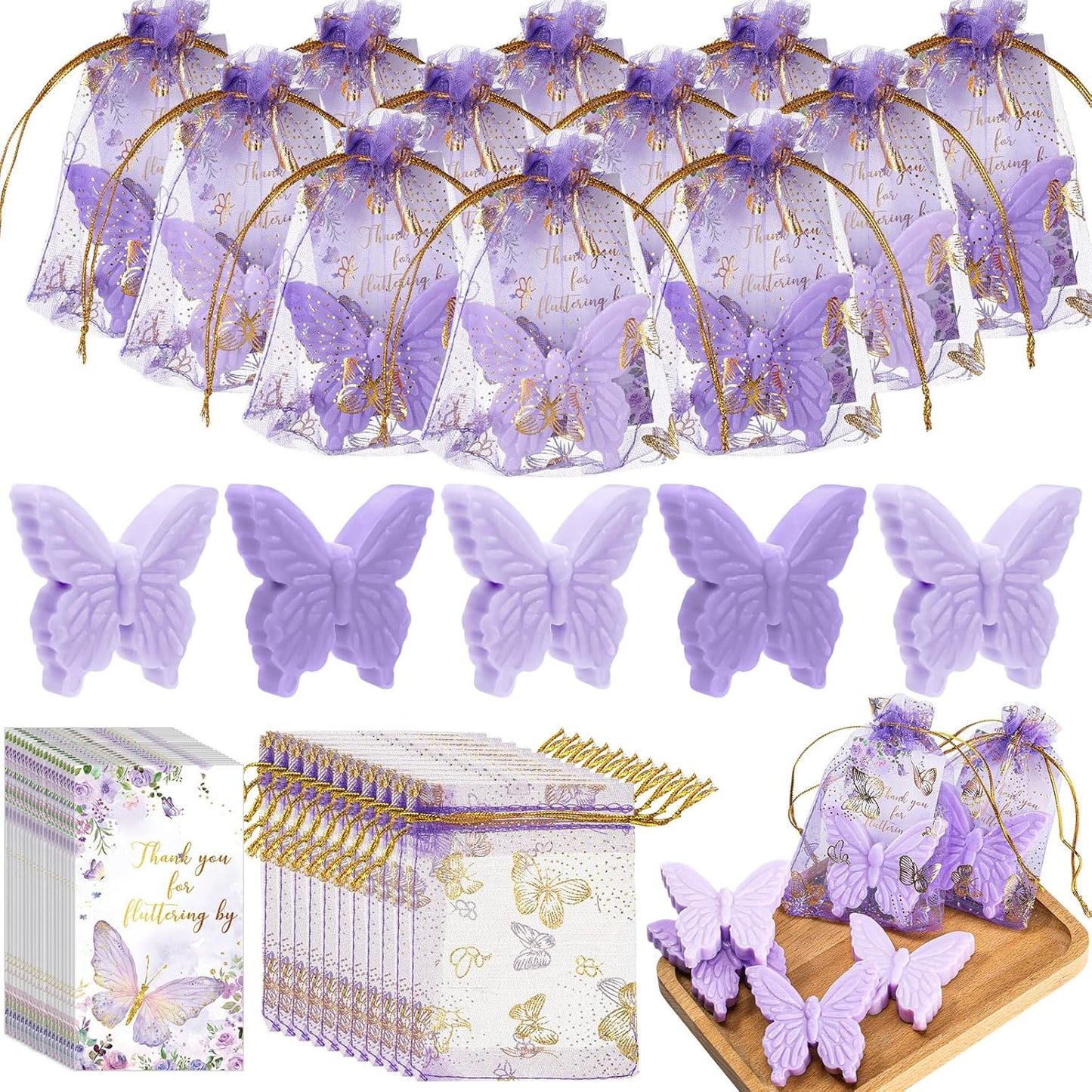 Dunzy 30 Sets Butterfly Theme Baby Shower Favors for Guests Butterfly Soap Favors with Thanks You Cards Gift Bags Gender Reveal Baptism Party Decorations Wedding Bridal Souvenirs (Purple,Light Purple)