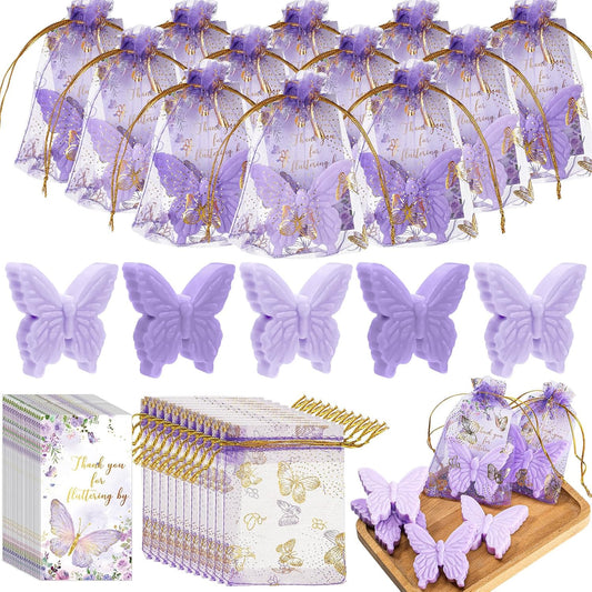 Dunzy 50 Set Butterfly Theme Baby Shower Favors for Guests Butterfly Soap Favors with Thanks You Cards Gift Bags Gender Reveal Baptism Party Decorations Wedding Bridal Souvenirs (Purple,Light Purple)