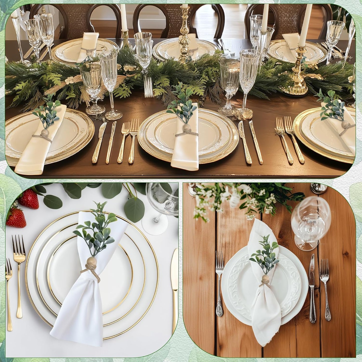 MAOANME Napkin Rings Set of 12, Rustic Eucalyptus Napkin Holder Rings with Wood Bead, Farmhouse Green Leaf Napkin Ring Bulk, Boho Napkin Ring for Wedding, Table Decor