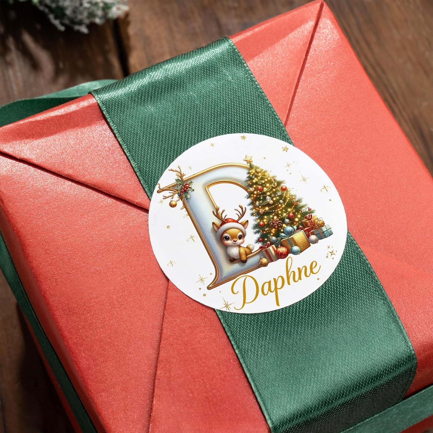 CALLIE Personalized Christmas Gift Tags with Initial and Name, Golden Reindeer Waterproof Label Stickers for Wrapping Paper Presents, Christmas Decorations Gift for Family Friend