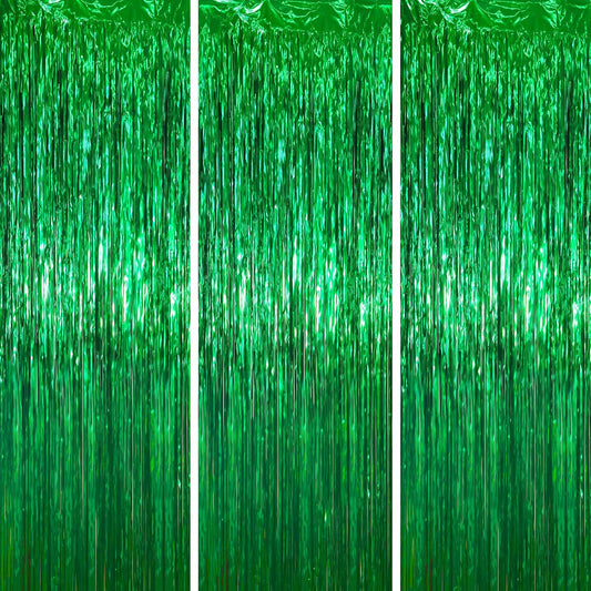 3 Pack 3.3 x 6.6 ft Green Foil Fringe Backdrop Curtains, Tinsel Streamers Party Decorations, Fringe Backdrop for Birthday, Dinosaur, St Patrick's Day, Soccer, Christmas