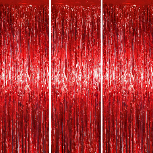 3 Pack 3.3 x 6.6 ft Red Foil Fringe Backdrop Curtains, Tinsel Streamers Party Decorations, Fringe Backdrop for Birthday, Baby Shower, Gender Reveal, Graduation
