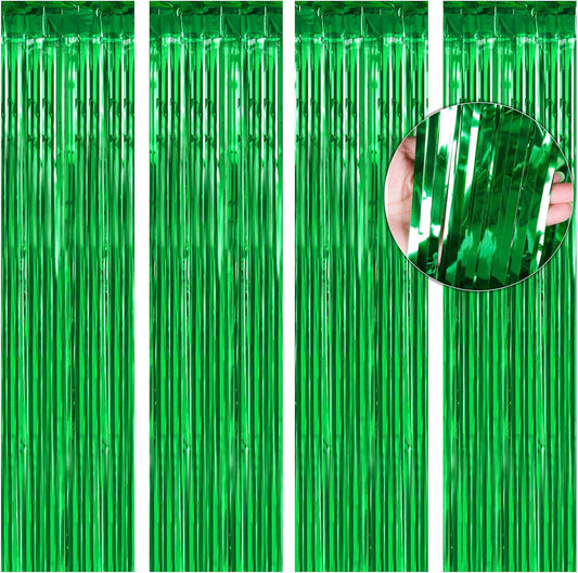 BTSD-home Green Foil Fringe Curtain, Metallic Photo Booth Backdrop Tinsel Door Curtains for St Patricks Day Birthday Bridal Baby Shower Bachelorette Christmas Party Decorations(4 Pack, 8ft x 3ft)