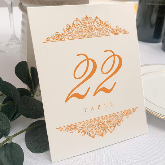Paisley Wedding Table Numbers (Select Color/Quantity), Champagne, Orange, 1-30, Double Sided, Tent or Use in a Stand, Great for Parties & Restaurants - Made in the USA