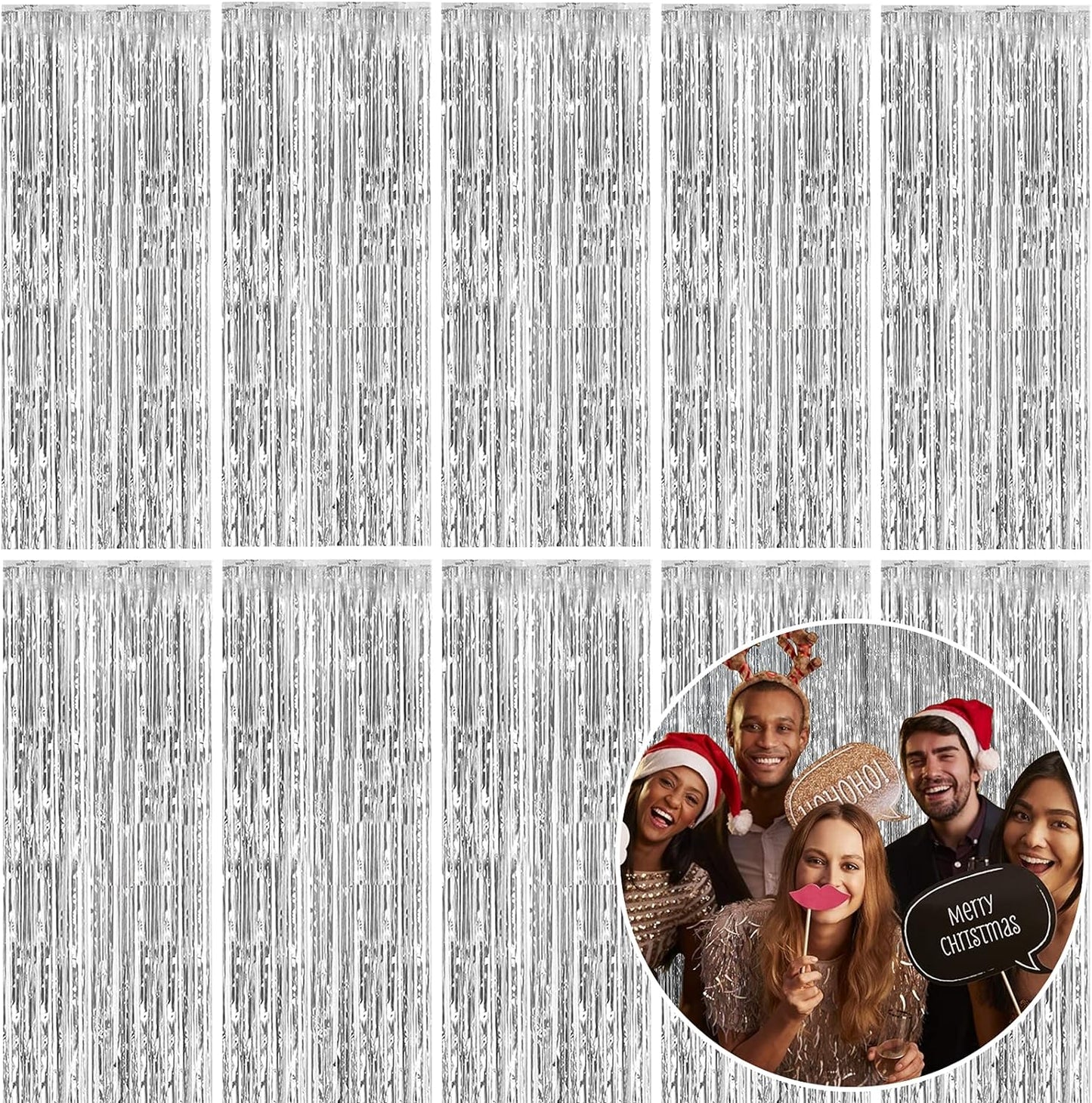 10 Pack Foil Curtain Backdrop Silver Metallic Tinsel Foil Fringe Curtains Photo Booth Props for Birthday Wedding Engagement Baby Shower Bachelorette Christmas Holiday Celebration Party