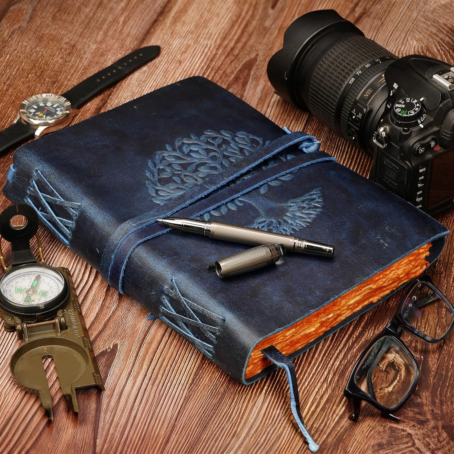 LUXEORIA Tree Of Life Leather Journal for Women and Men, Handcrafted Leather Journal for Writing Womens, Sketchbook, Travel Diary with Unlined Deckle Paper, Dark Blue 7x10