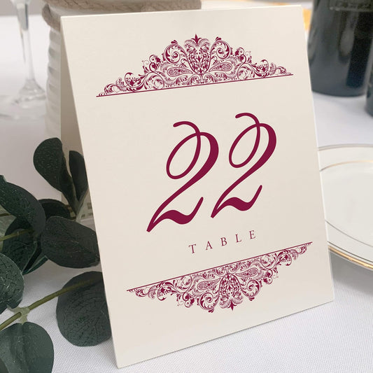 Paisley Wedding Table Numbers (Select Color/Quantity), Champagne, Burgundy, 1-55, Double Sided, Tent or Use in a Stand, Great for Parties & Restaurants - Made in the USA