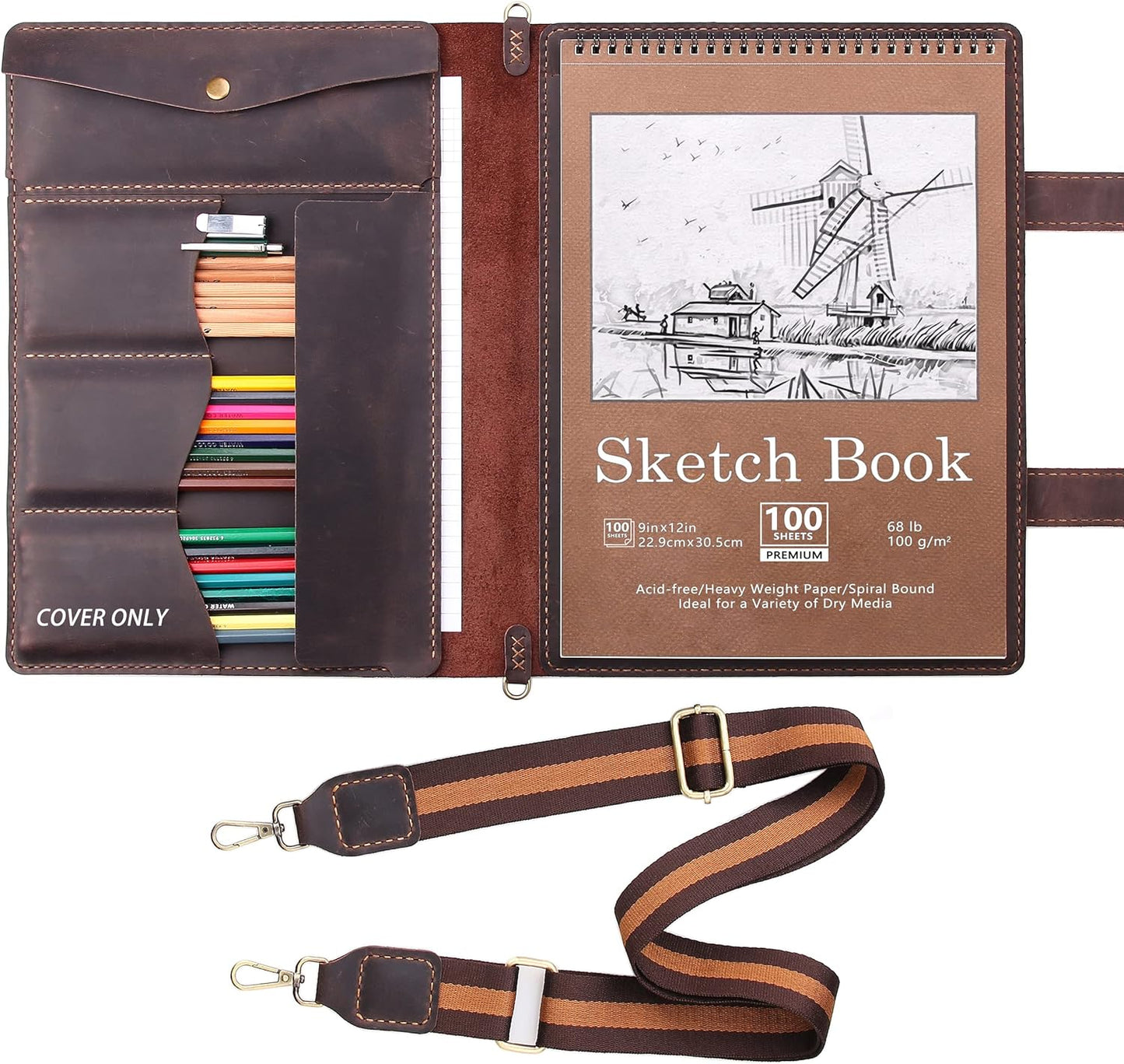 Robrasim Handmade Leather Sketchbook Cover, Artist Sketch Pad Holder for 9"X12" Top Spiral Bound Sketchbook, Drawing Book Pencil Case, Journal Portfolio with Shoulder Strap, Artist Gifts,Coffee