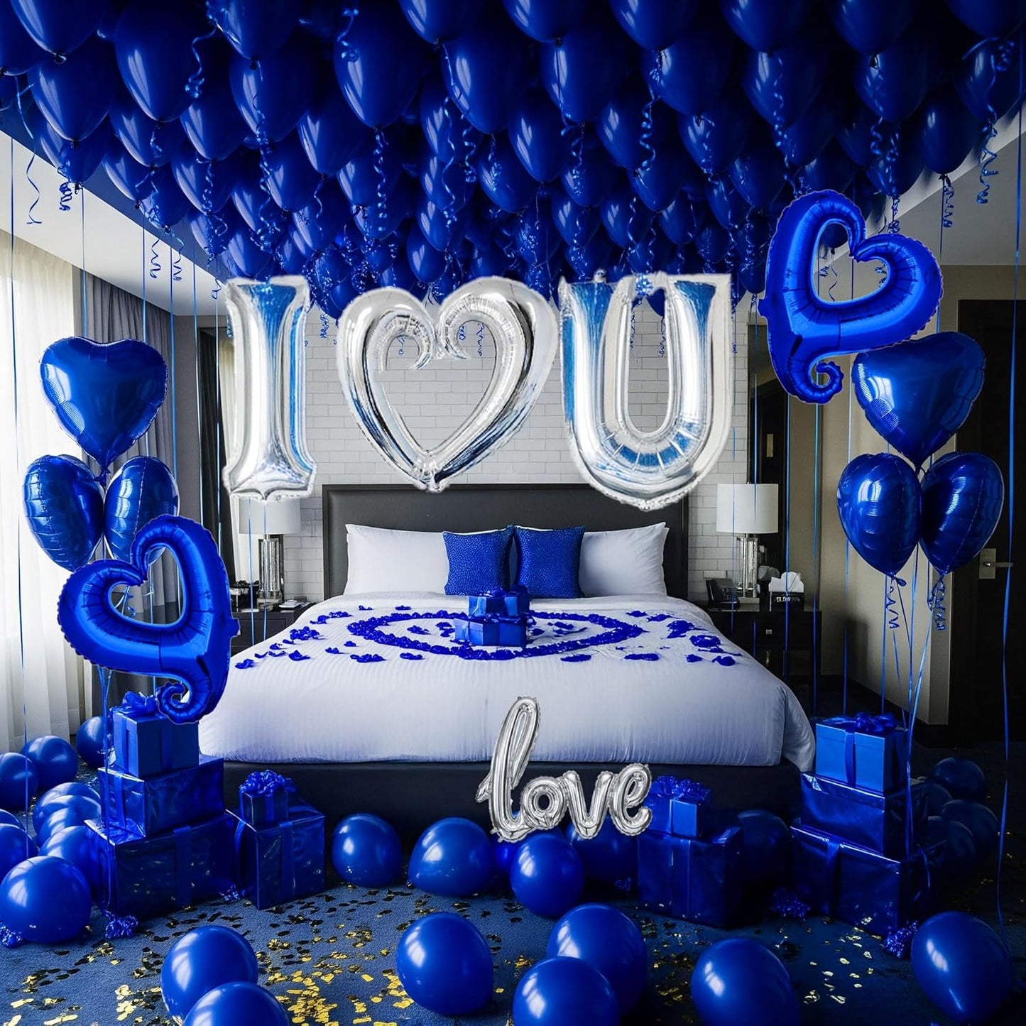 I Love You Balloons for Him/Her Balloons Royal Blue Sliver romantic balloon kit with blue heart mylar balloons blue rose petals for hotel Decorations Valentines Party wedding anniversary supplies