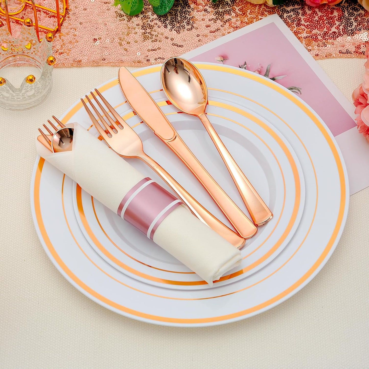 100 Pack Pre Rolled Rose Gold Plastic Silverware Set with Napkins,Disposable Wrapped Heavy Duty Cutlery Set for Wedding Birthday Party-100 Forks,Knives,Spoons,Utensils Set,Plasticware Bulk