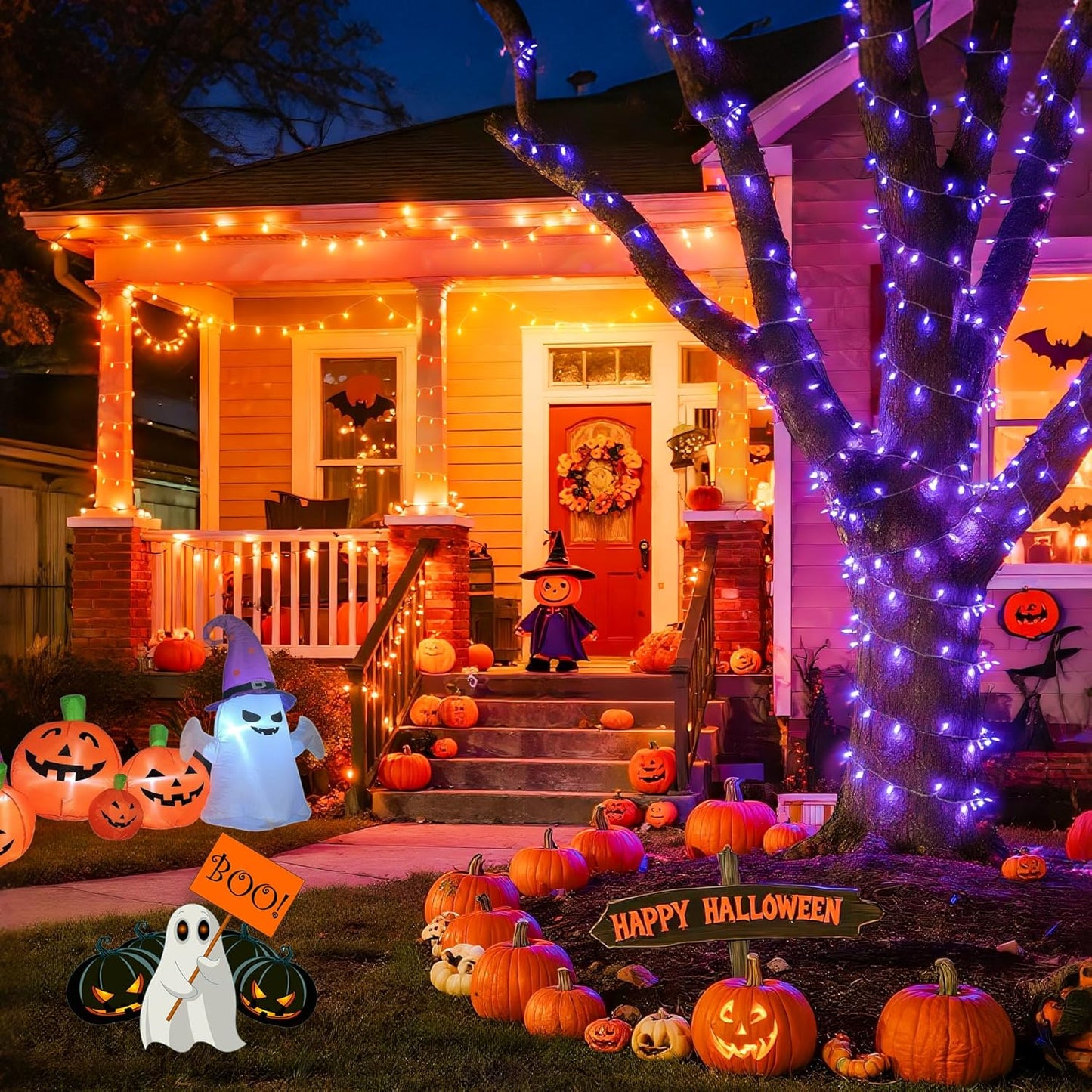 JMEXSUSS 168ft 600 LED Halloween Decor Lights Outdoor Clear Wire, Orange Purple String Lights Indoor Plug in,Halloween Lights for Tree Porch Yard Decorations