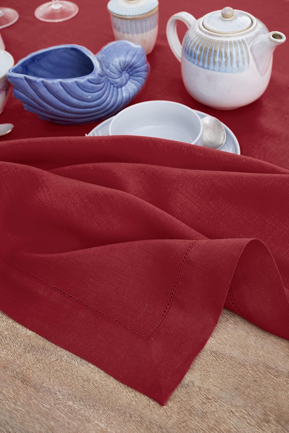 Solino Home Red Linen Tablecloth 60 x 132 Inch - 100% Pure Linen Hemstitch Table Cloth for Rectangle Tables - Classic Hemstitch, Machine Washable Tablecloth for Christmas