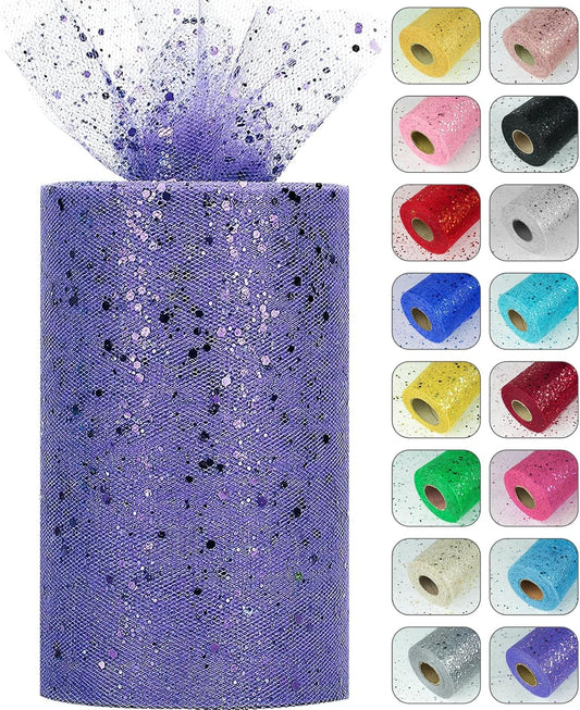 Glitter Tulle Rolls, 6” by 50 Yards (150FT) Sparkling Tulle Spool Ribbon Sequin Tulle Netting Fabric for Tutu Skirt Wedding Birthday Baby Shower (Purple)