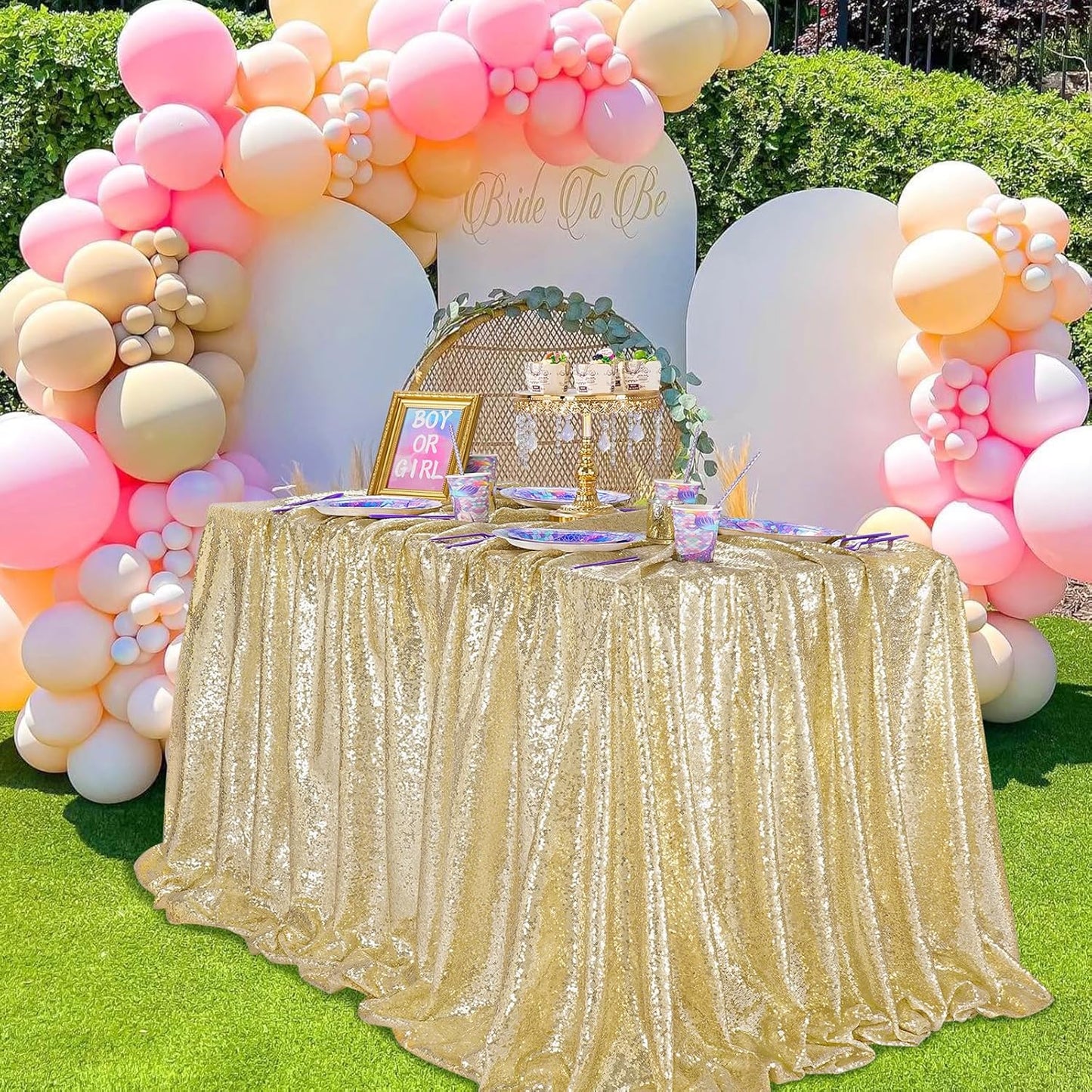 QueenDream Party Tablecloth Light Gold - 90x156 Inch Sequin Fabric Table Cloths Rectangle Cover Birthday Parties Holiday Decorations