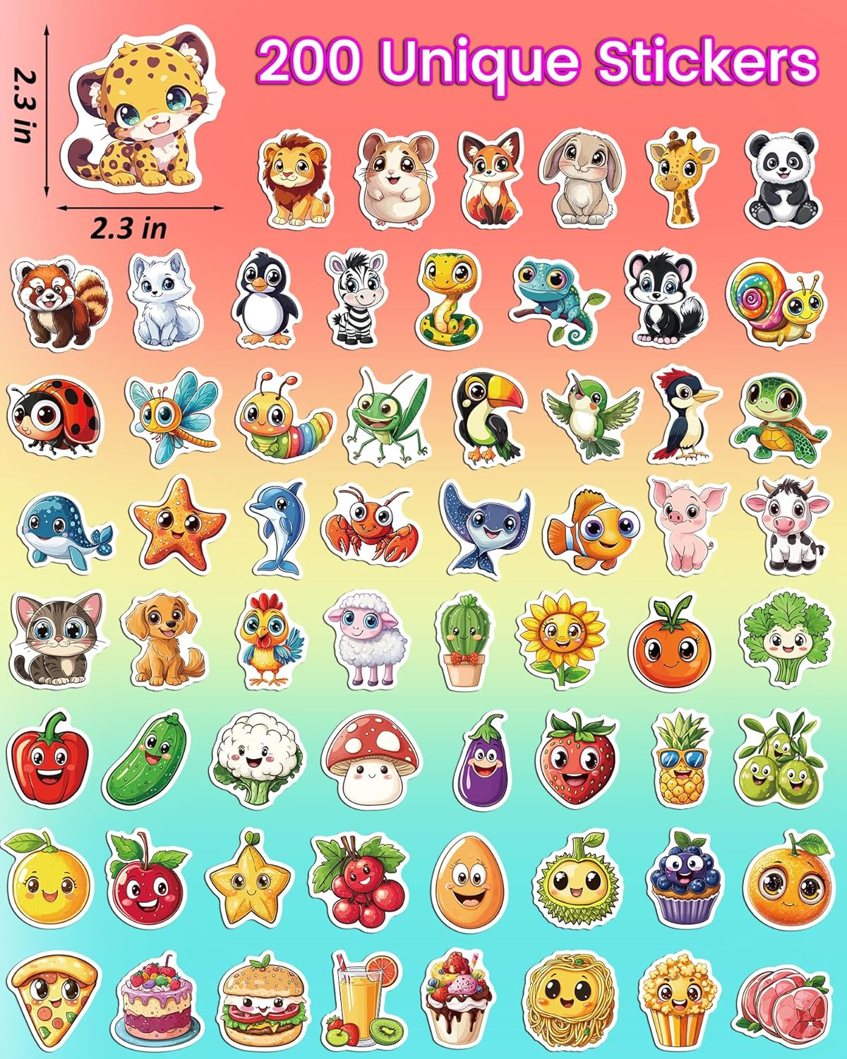 JCFIRE 200PCS Stickers for Kids, Waterproof Cute Mixed Animal Food Vinyl Scrapbook Stickers for Water Bottle, Book, Laptop, Goodie Bags Stuffers Kids Party Favors, Classroom Supplies Must Haves