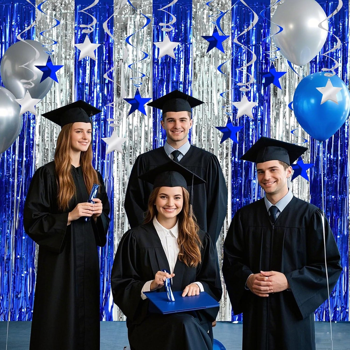 BEISHIDA Blue Silver Stars Hanging Swirls Bachelorette Graduation Hanging Ornament Decorations for Birthday Party Baby Shower Supplies Congrats Grade 2025 Graduation Decorations,Pack of 15