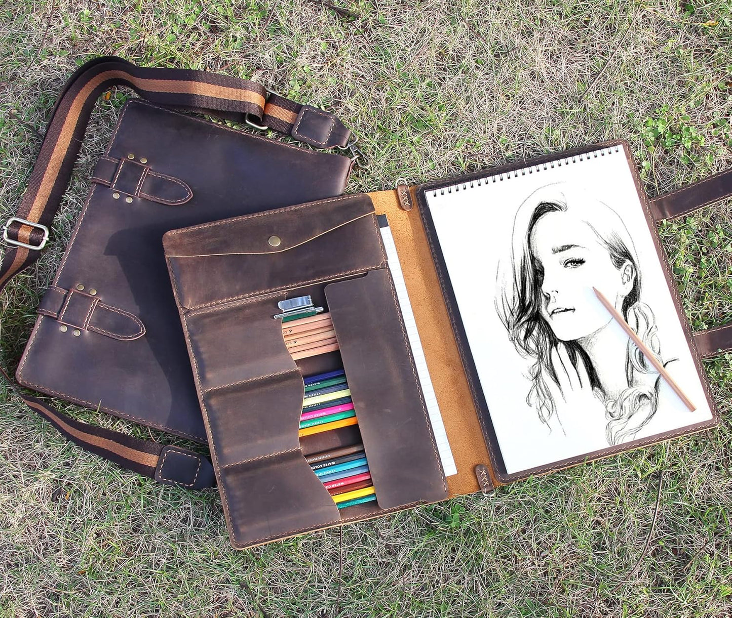 Robrasim Handmade Leather Sketchbook Cover, Artist Sketch Pad Holder for 9"X12" Top Spiral Bound Sketchbook, Drawing Book Pencil Case, Journal Portfolio with Shoulder Strap, Artist Gifts,Brown