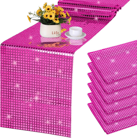Durony 6 Pack Disco Table Runner 11 x 108 Inch Mirror Hot Pink Glitter Foil With Sparkle Sequin for Bachelorette, 70s, Cowgirl Party Decorations
