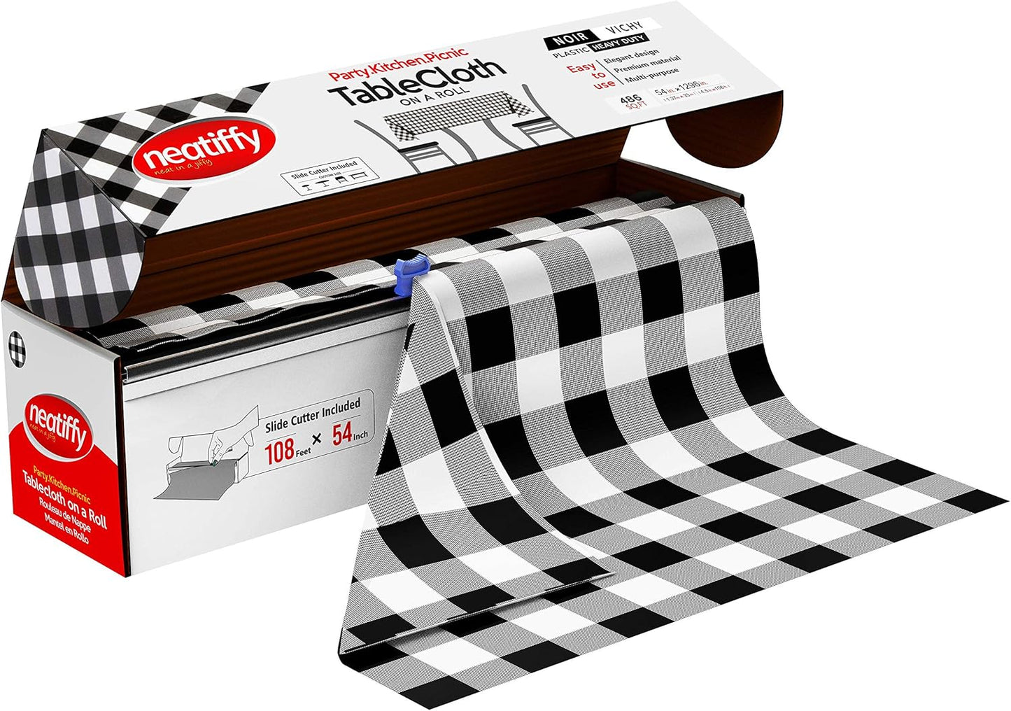 Neatiffy Disposable Plastic Table Cloth Roll | 54 in x 108 Ft Waterproof Tablecloth | Table Cover for Rectangle, Square, Round Oval Tables | Picnic, Party, Banquet, Birthdays, Weddings, BlackCheckered