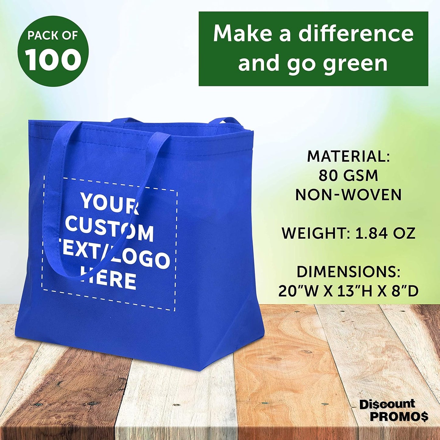 DISCOUNT PROMOS Custom Southern Style Grocery Tote Bags Set of 100 - Personalized Bulk Pack, Reusable Grocery & Shopping Bags - Great for Travel, Carry on Bag, Business Promotions - Blue - 20"X13"X8"