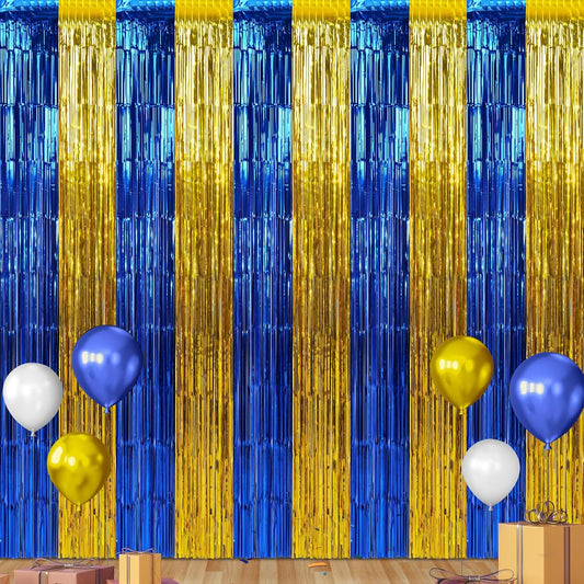 3 Pack 3.3Ft x 6.6Ft Graduation Foil Fringe Curtain Backdrop Decorations, Blue Gold Metallic Tinsel Foil Streamers Curtain Photo Booth Background for Graduation Prom Wedding Birthday Party Decorations