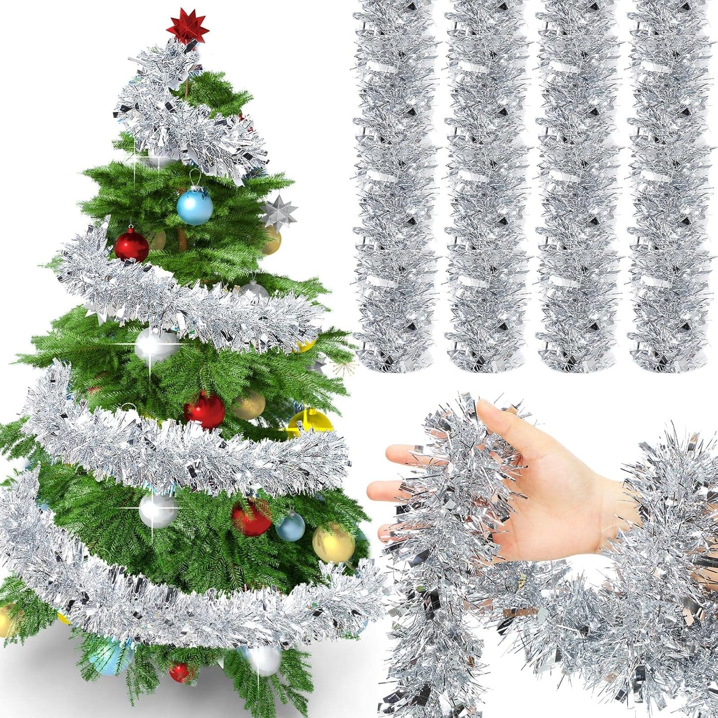 72 Feet Christmas Tinsel Garland Shiny Metallic Tinsel Twist Garland Streamers Ornaments Long Glitter Christmas Tree Hanging Decorations for Party Holiday Wedding Birthday Tree Wall Rail (Silver)