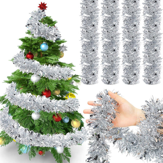 72 Feet Christmas Tinsel Garland Shiny Metallic Tinsel Twist Garland Streamers Ornaments Long Glitter Christmas Tree Hanging Decorations for Party Holiday Wedding Birthday Tree Wall Rail (Silver)