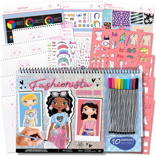 Fashion Angels Fashionista Sketch Set, Includes Sketch Pad with Stencils & Stickers, Fashion Design Sketch Book for Girls, Ideal Drawing Kit for Kids