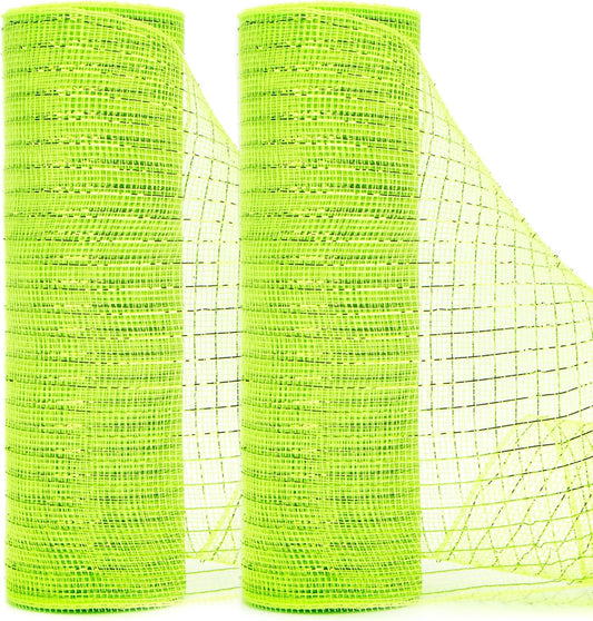 Ribbli 2 Rolls Lime Green Mesh Ribbon,10 inch x 30 feet(10Yard) Each Roll,Metallic Lime Green with Green Foil,Use for Wreath Swags and Christmas Decoration