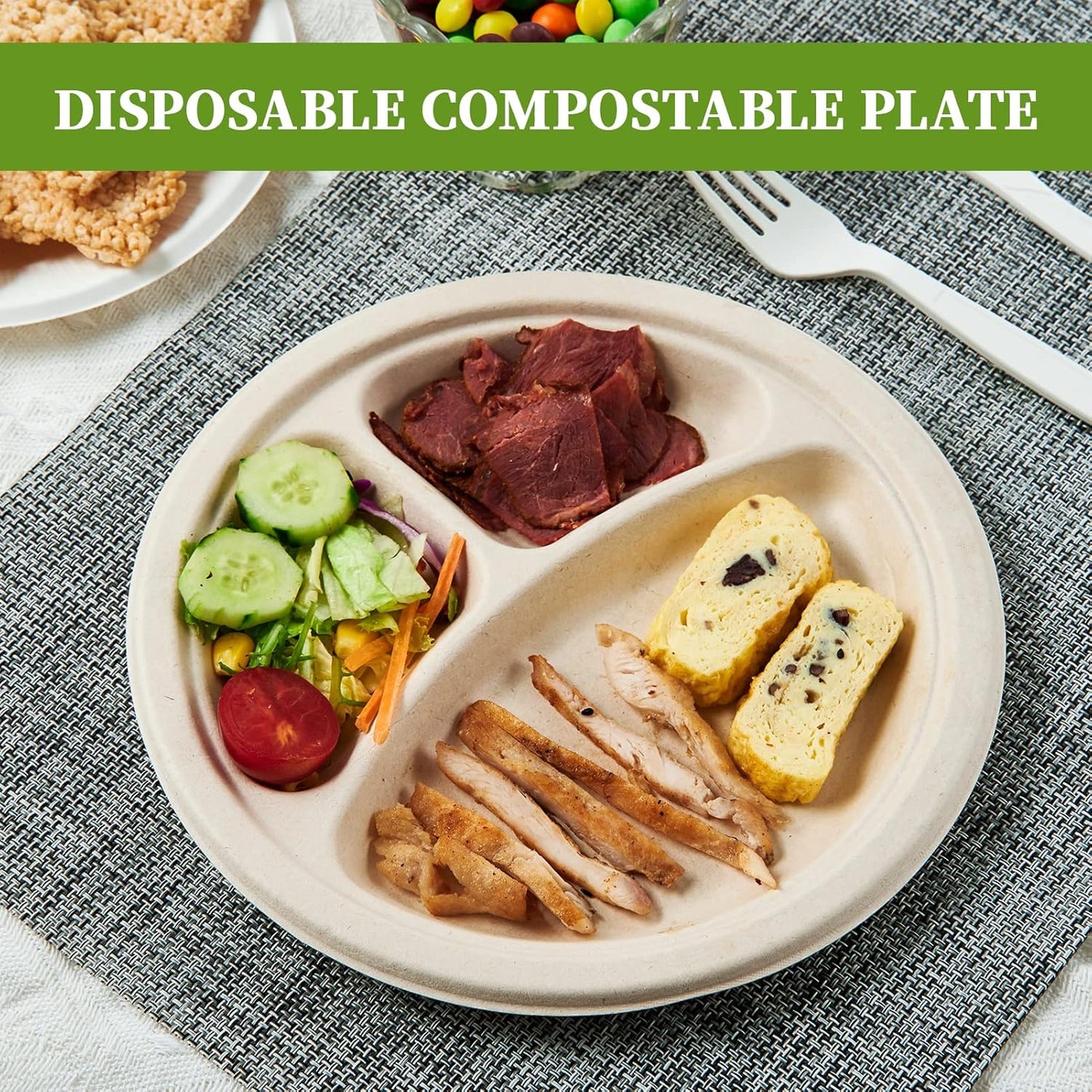 ECOLipak 125 Pack Compostable 3 Compartment Plates, 8.85 inch Heavy-Duty Disposable Paper Plates, Eco-Friendly Biodegradable Sugarcane Bagasse Divided Plate for Dinner