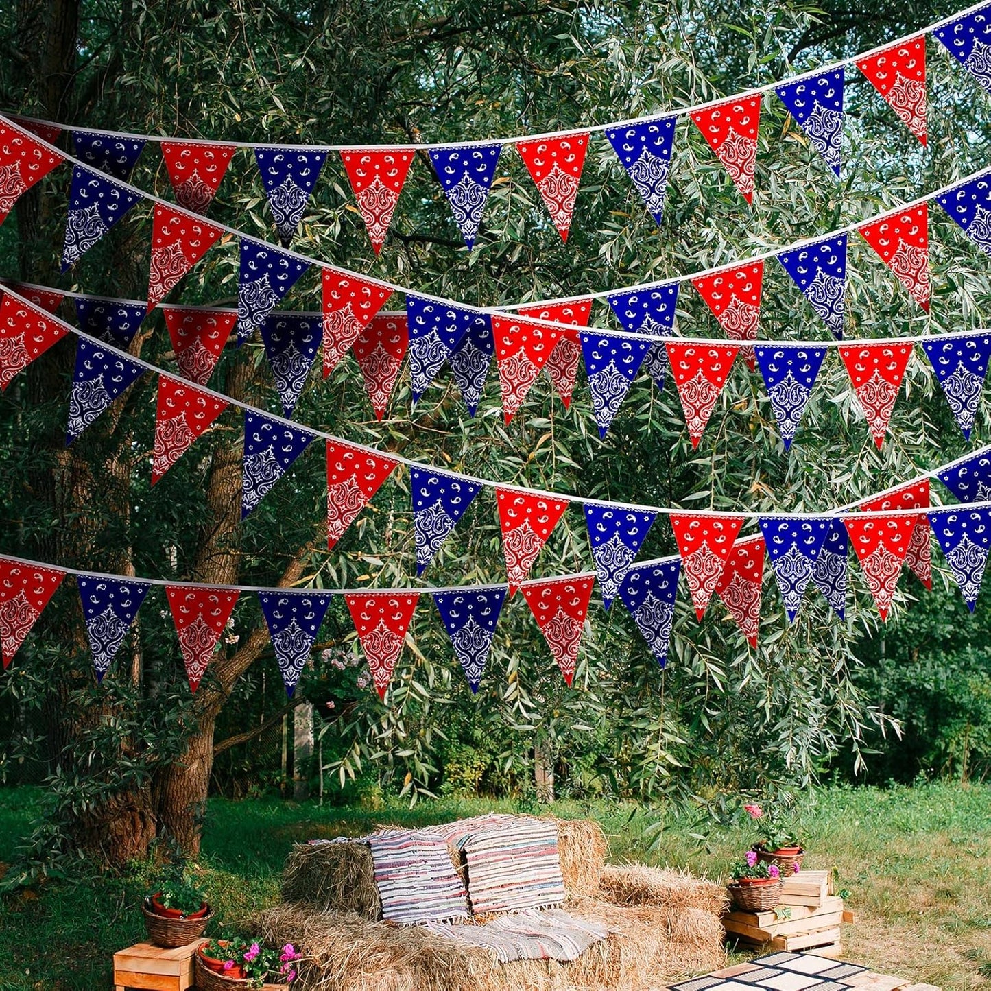 Frienda 6 Pack Western Cowboy Party Decorations Bandana Pennant Banner Christmas Wild West Rodeo Decor Red and Blue Country Decorations for Cowboy Themed Party Decoration, 9.8 Feet