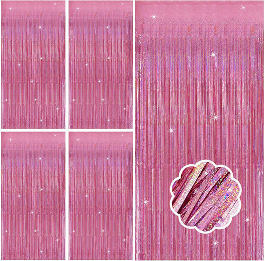 5 Pack Pink Tinsel Foil Fringe Curtains Tinsel Backdrop Sparkly Curtains Party Streamers for Valentines Bachelorette Holiday New Year Eve Celebrations Birthday Party