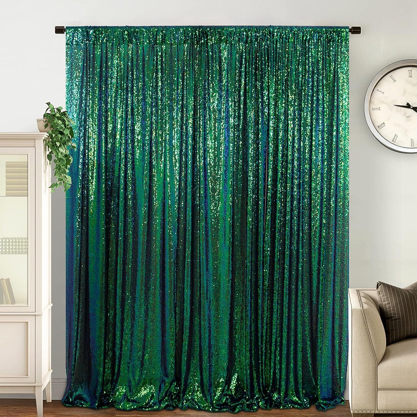 DUOBAO Iridescent Green Sequin-Backdrop-Curtain 1 Panel 10FTx10FT Colorful Green Sequin Backdrop 120-Inches for Photography Wedding Glitter Graduation Photo Backdrop