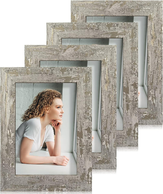 4x6 Picture Frame set of 4, High Definition Glass Distressed Moss Green Frame, 4 x 6 Wood Photo Frames for Desktop Display and Wall Mounting