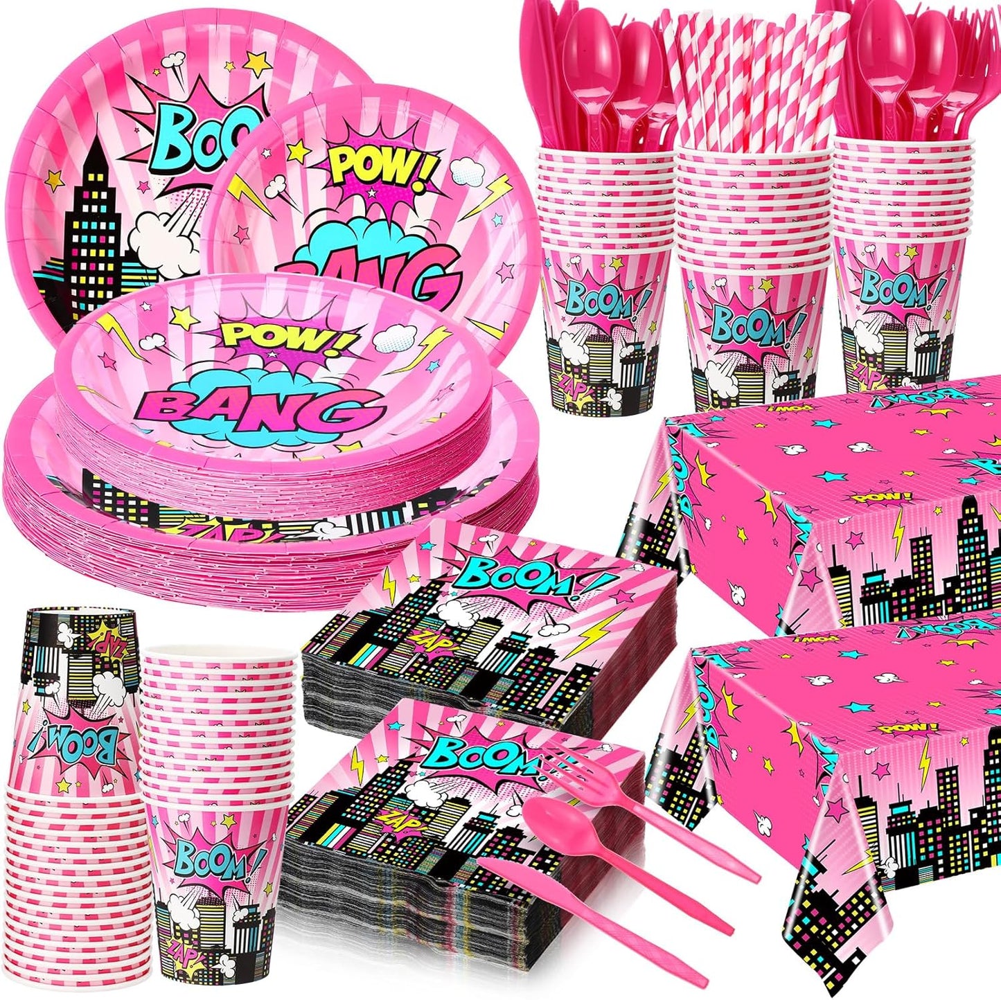 452 Pcs Girl Birthday Decorations for 50 Guests Pink Hero Paper Plates Napkins Cups Tablecloth Cutlery Straws for Pink Hero Girl Birthday Baby Shower Party Supplies