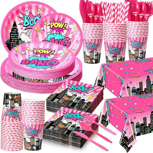 452 Pcs Girl Birthday Decorations for 50 Guests Pink Hero Paper Plates Napkins Cups Tablecloth Cutlery Straws for Pink Hero Girl Birthday Baby Shower Party Supplies