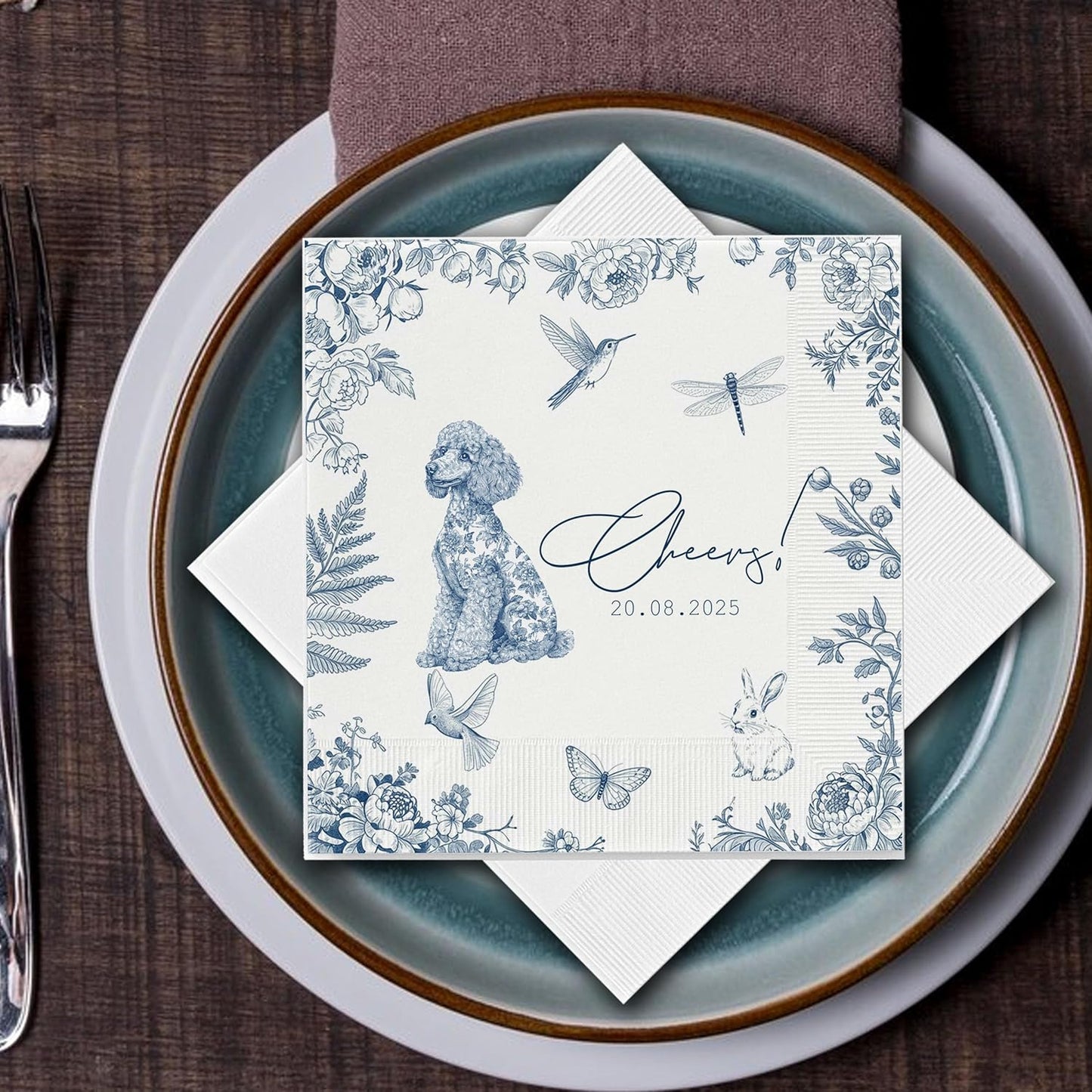 Luxury Personalized Dog Wedding Napkins, Custom Wedding Cocktail Napkin, Blue Floral Cocktail Napkins, Blue and White Flower Paper for Bridal, Engagement Party, Bridal Shower