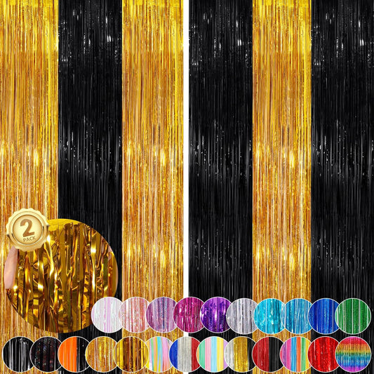 Black Gold Streamer Tinsel Foil Fringe Curtains Streamer 2Pack 3.3X 8.3Ft Streamer Tinsel Streamer Curtains for Birthday Party Decors Wedding Bachelorette Bridal Shower Xmas Decors Streamers