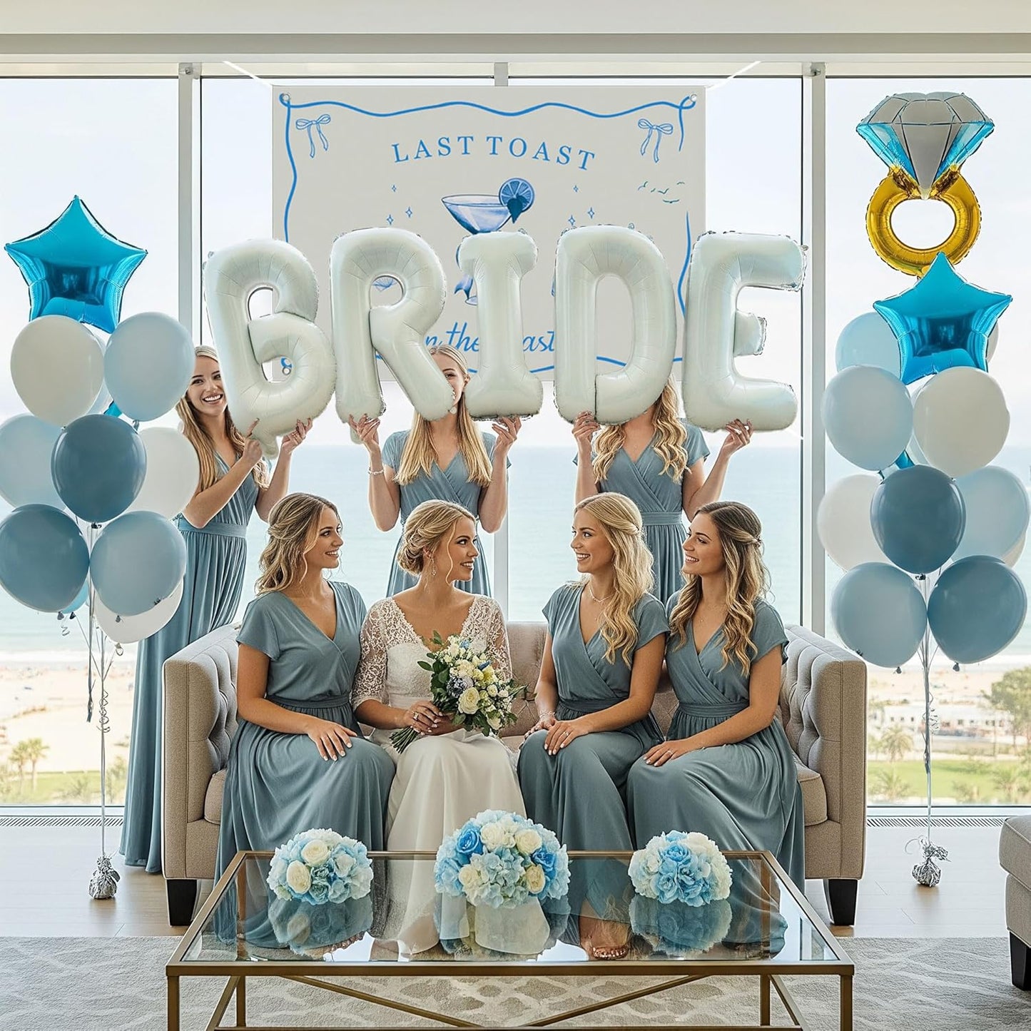 Last Toast on the Coast Bachelorette Decorations Blue bridal shower Blue Balloon Garland Kit with Backdrop Huge 40 inch BRIDE letter Diamond Ring balloons for Hen Party Wedding Engagement supplies