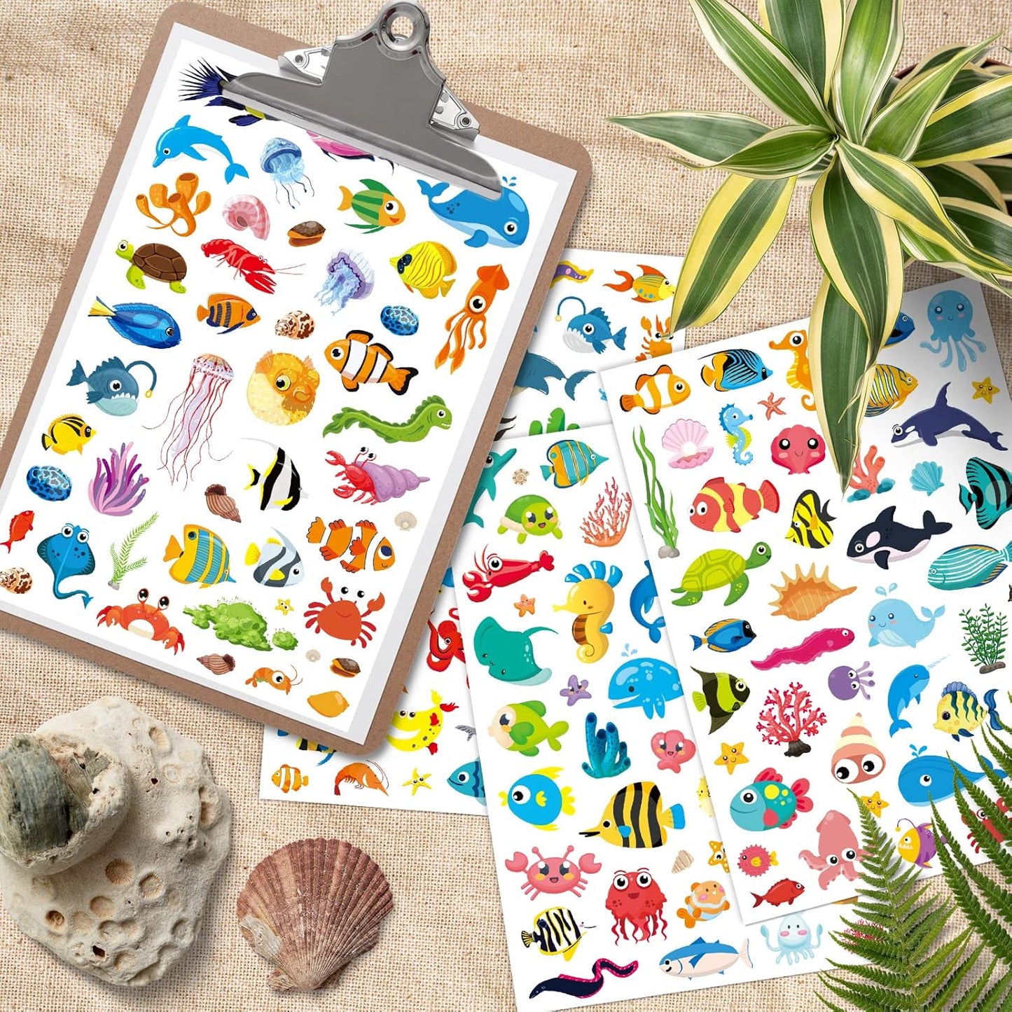 Cute Ocean Sea Animal Adhesive Stickers Tropical Fish Shark Stickers 890 Count for Boys Girls Birthday Invitations Envelopes Mermaid Under The sea Party Goodie Gifts Bags Decor Class Rewards