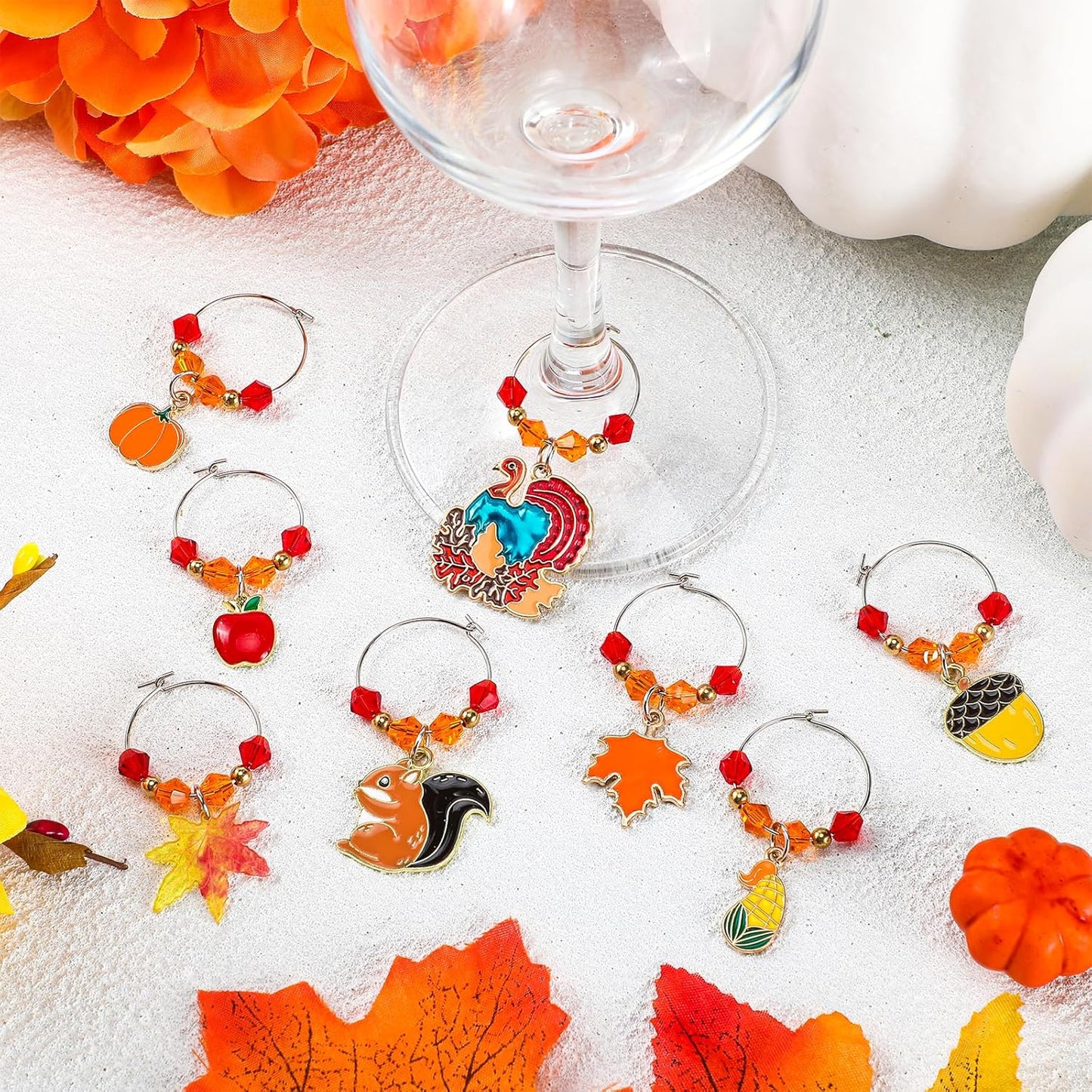 Sasylvia 8 Pieces Thanksgiving Fall Wine Glass Charms Fall Glass Markers Harvest Wine Charms Rings Tags for Stem Glasses Hostess Gifts Party Favors Drink Markers Autumn