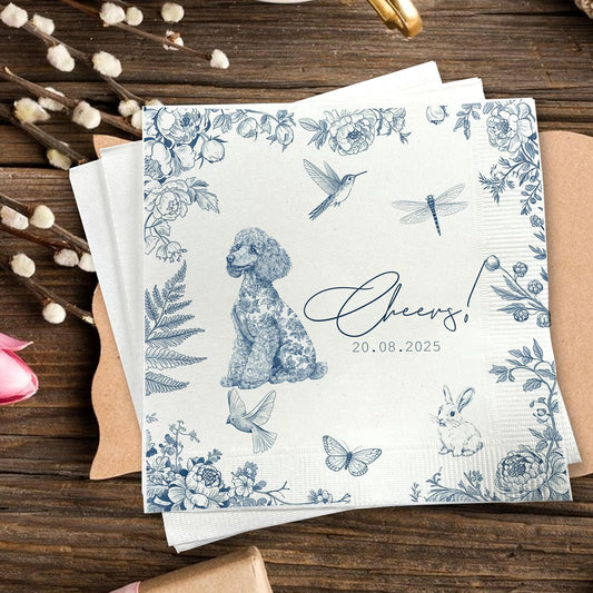 Luxury Personalized Dog Wedding Napkins, Custom Wedding Cocktail Napkin, Blue Floral Cocktail Napkins, Blue and White Flower Paper for Bridal, Engagement Party, Bridal Shower