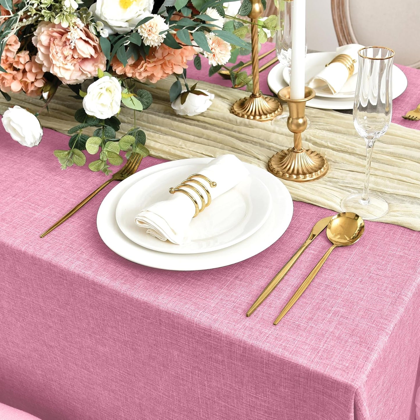Fitable Square Table Cloth Linen Textured: Water & Stain Resistant Farmhouse Tablecloth, Washable Burlap Table Covers for Kitchen Dining Party(2 Pack, 54x54 Inch, Pink)